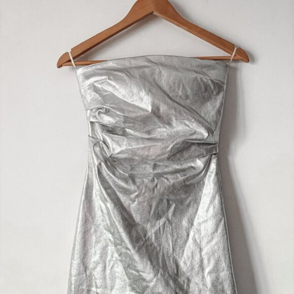 Zara Strapless Fitted Midi Dress Silver Metallic Size XS - Picture 8 of 12